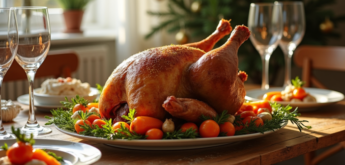 Table festive avec un chapon rôti et légumes créatifs