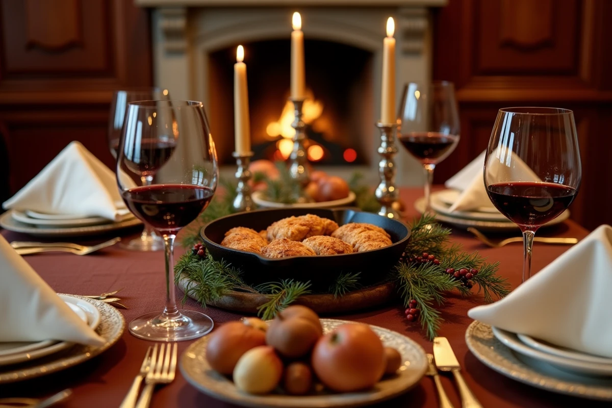 Table de fête élégante avec une poêle en fonte de crépinettes de porc, pommes caramélisées et marrons rôtis pour un repas festif