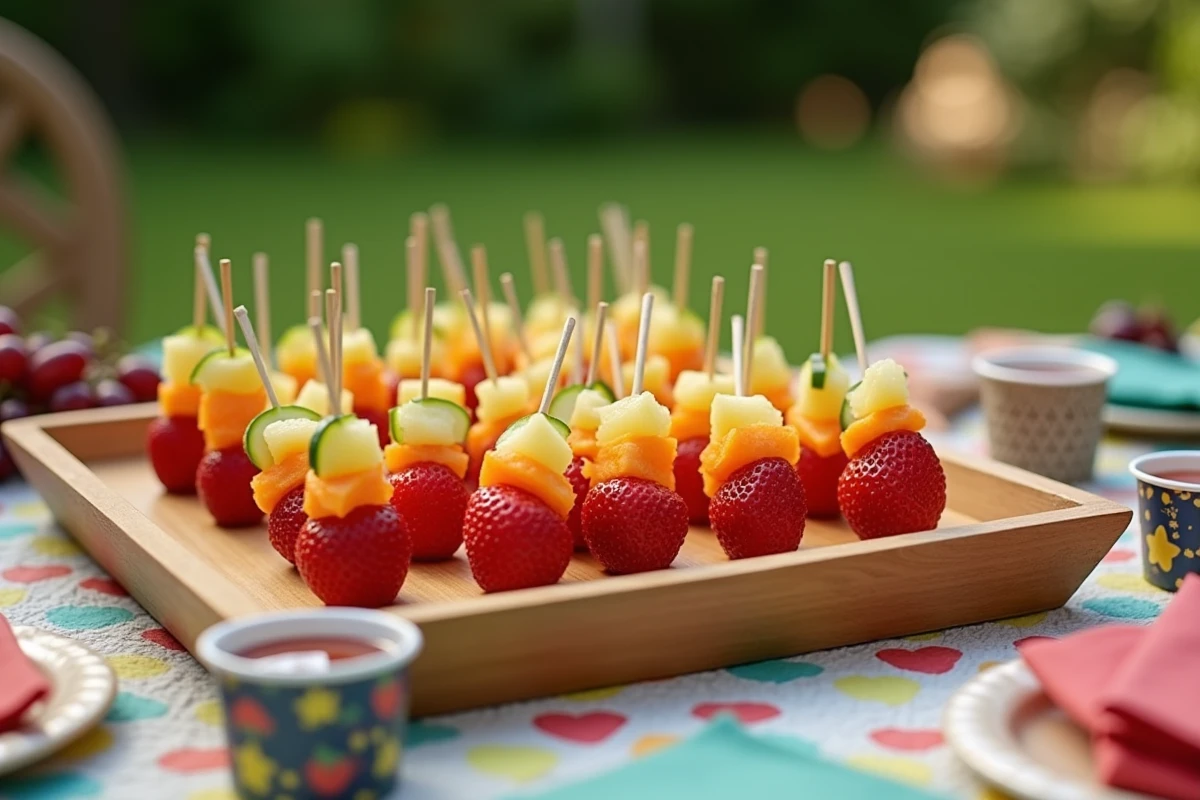 Table de fête en plein air avec grand plateau de brochettes apéro arc-en-ciel colorées pour une fête d'enfants dans le jardin