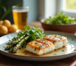 Table dressée avec poisson blanc grillé et légumes colorés