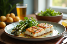 Table dressée avec poisson blanc grillé et légumes colorés