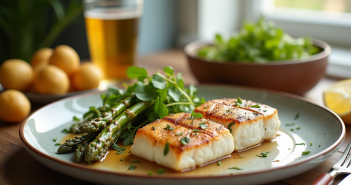 Table dressée avec poisson blanc grillé et légumes colorés