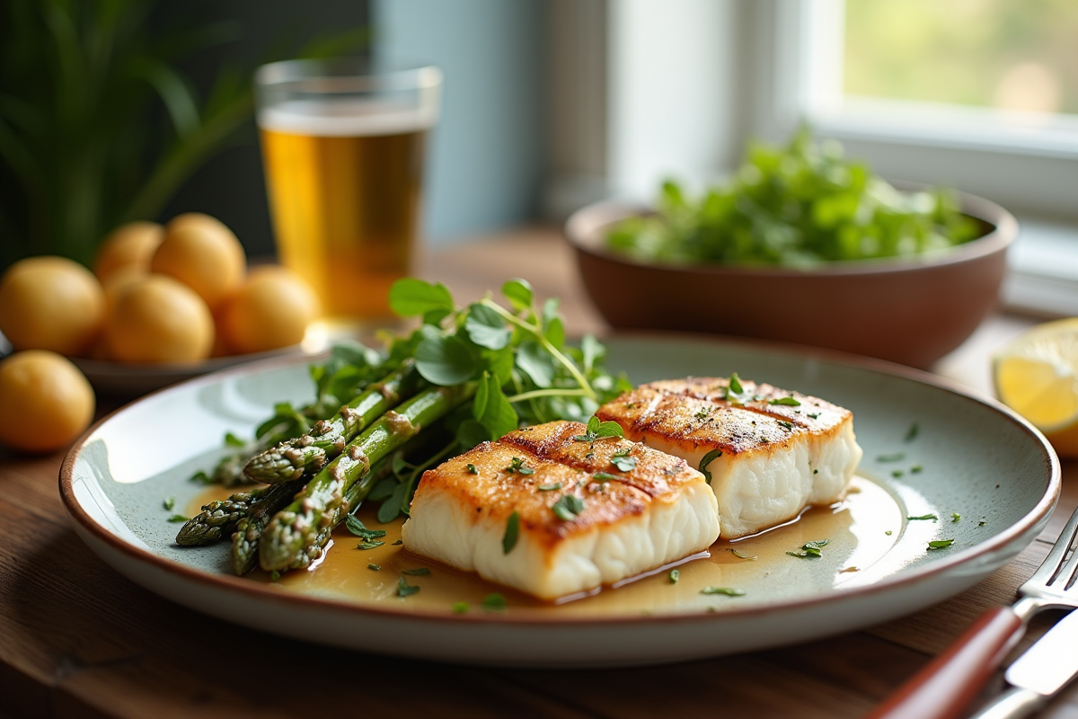 Table dressée avec poisson blanc grillé et légumes colorés