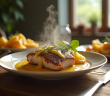 Table rustique avec plat de lapin sauce moutarde