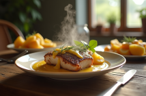 Table rustique avec plat de lapin sauce moutarde