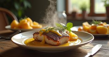 Table rustique avec plat de lapin sauce moutarde