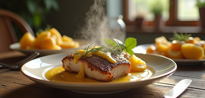 Table rustique avec plat de lapin sauce moutarde