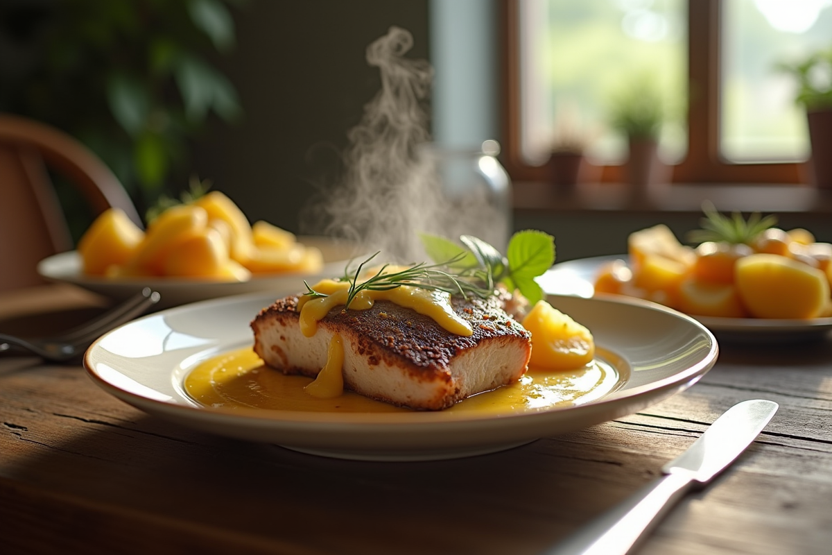 Table rustique avec plat de lapin sauce moutarde