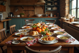 Table québécoise traditionnelle avec plats copieux dans une cuisine rustique