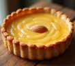 Tarte aux amandes fraîche sortie du four sur une table en bois