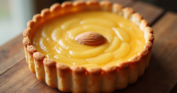 Tarte aux amandes fraîche sortie du four sur une table en bois