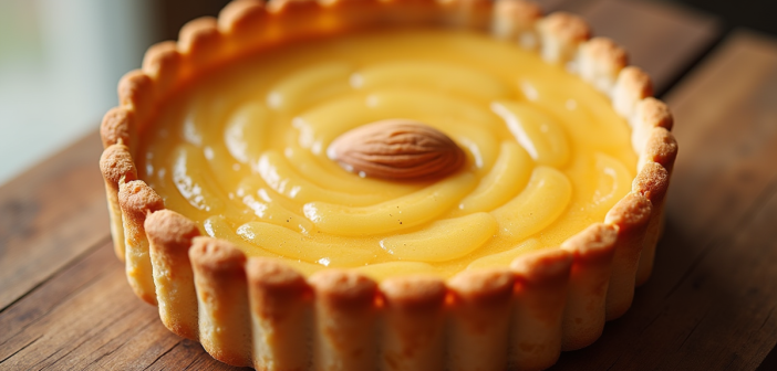 Tarte aux amandes fraîche sortie du four sur une table en bois