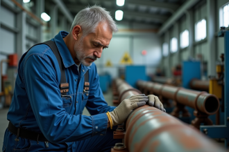 Technicien inspectant un tuyau en fer dans une salle propre