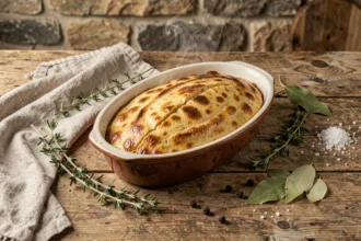 Terrine de gibier maison dans un plat en céramique rustique sortant du four, entourée d'herbes fraîches sur une table en bois de ferme