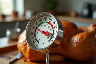 Thermomètre à viande en métal dans un poulet rôti cuisine moderne