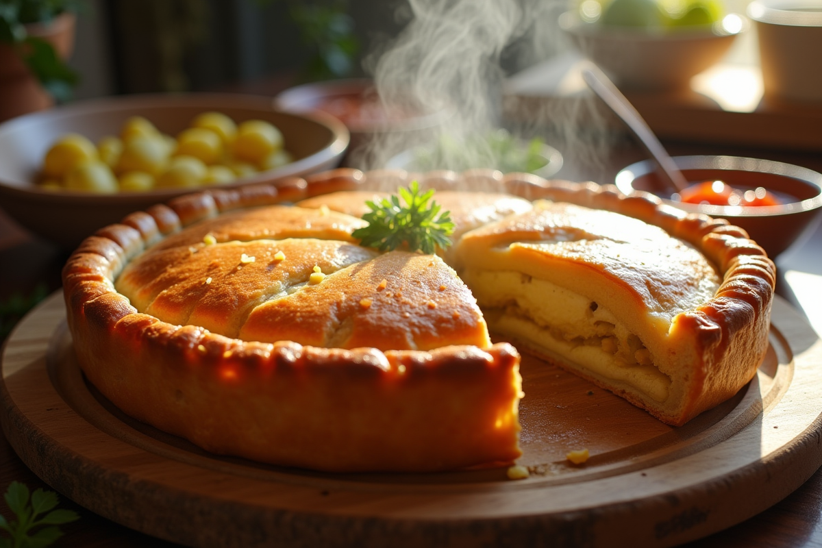 Part de tourtière dorée avec condiments et légumes en lumière naturelle