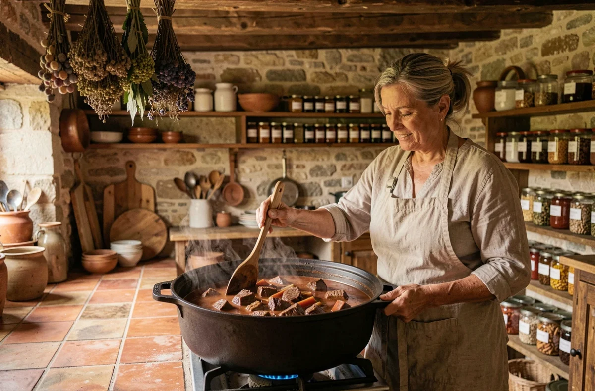 Cuisinière du Traiteur Lemaître préparant une cuisine de terroir traditionnelle dans une ferme de l'Yonne