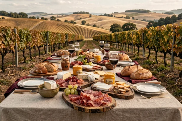 Table de traiteur dressée dans un paysage viticole de Bourgogne-Franche-Comté avec charcuterie et fromages régionaux