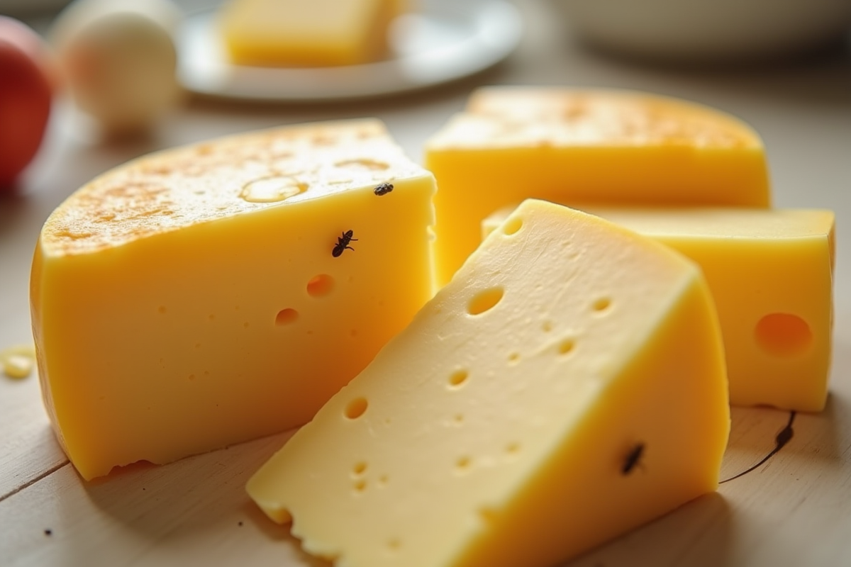 Tranche de fromage corse montrant sa texture crémeuse et larves