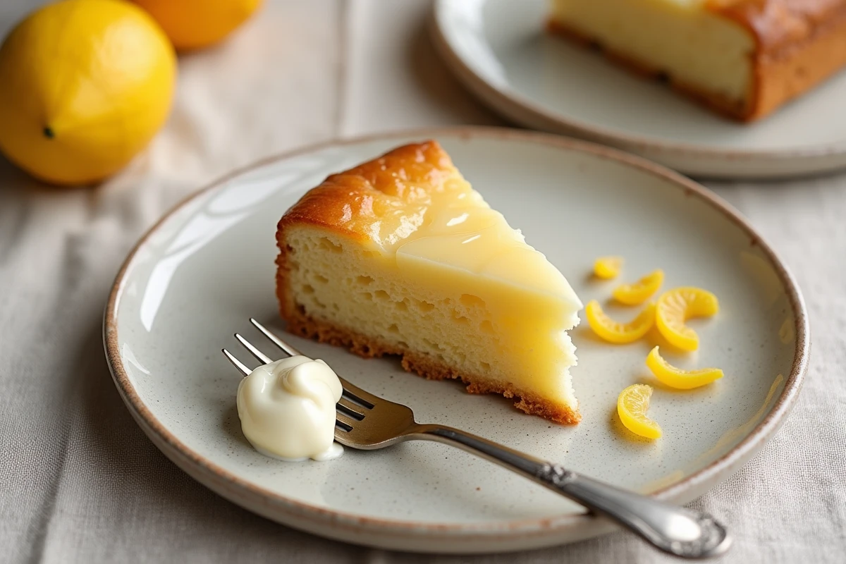 Tranche de pain de gênes au citron sur assiette céramique artisanale avec une quenelle de crème fraîche et des zestes de citron confits