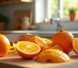 Oranges fraîches tranchées sur plan de travail en bois