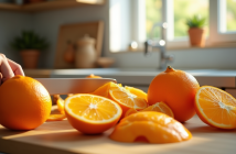 Oranges fraîches tranchées sur plan de travail en bois