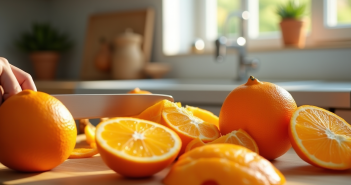 Oranges fraîches tranchées sur plan de travail en bois