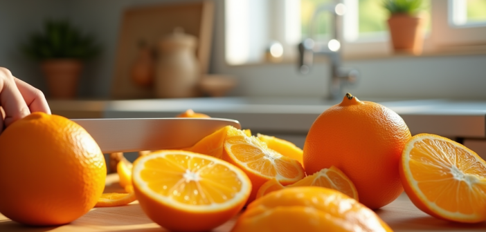 Oranges fraîches tranchées sur plan de travail en bois