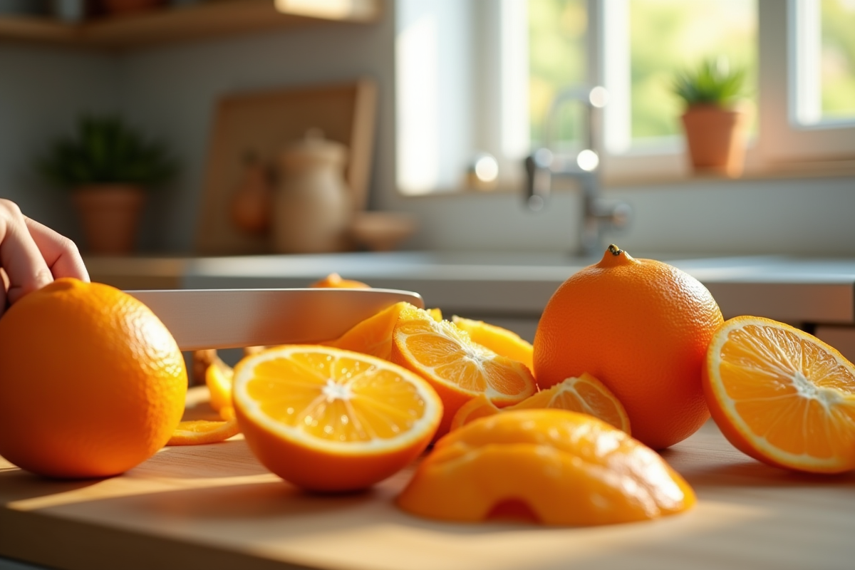Oranges fraîches tranchées sur plan de travail en bois