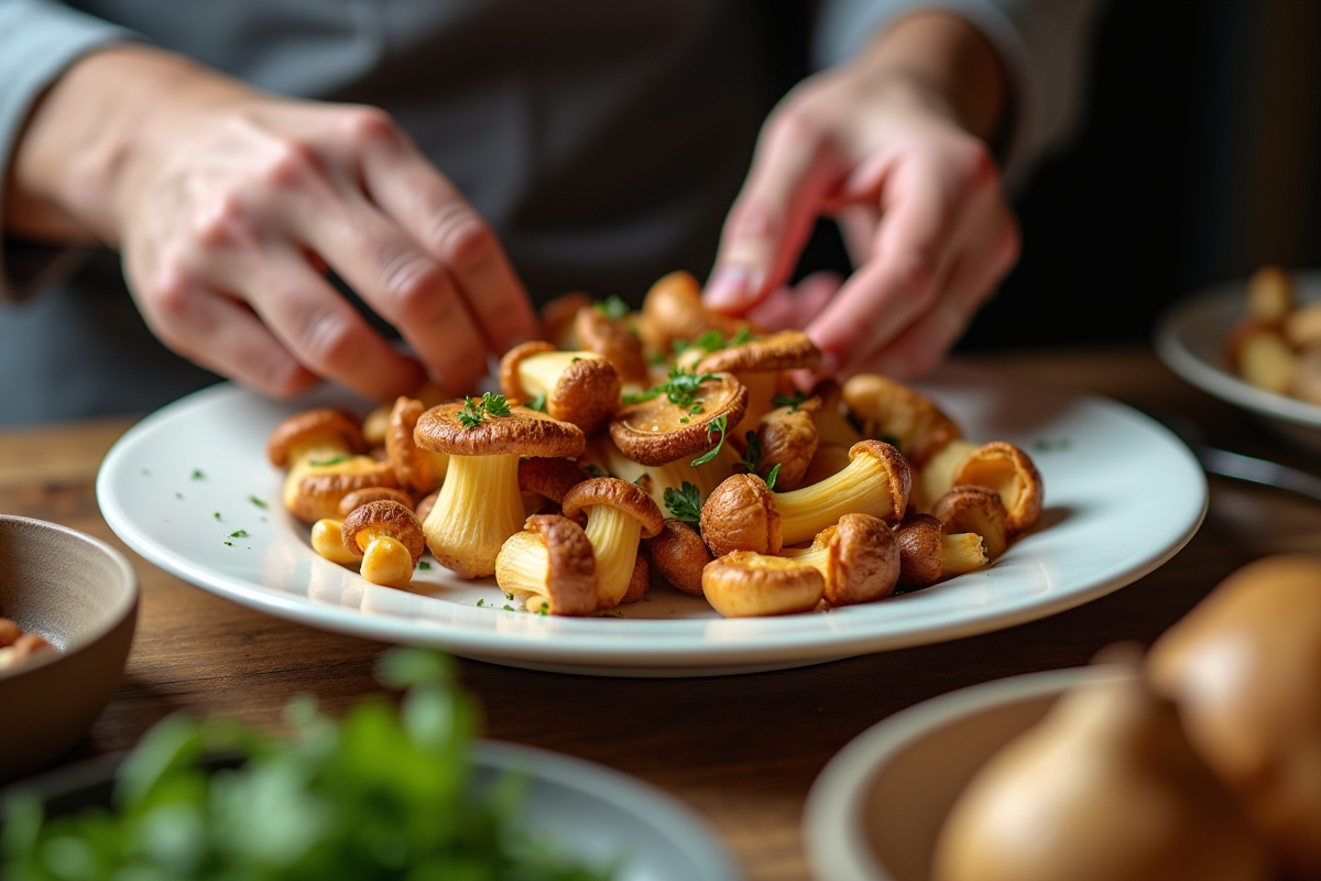 Chef triant des champignons chanterelle sur assiette blanche