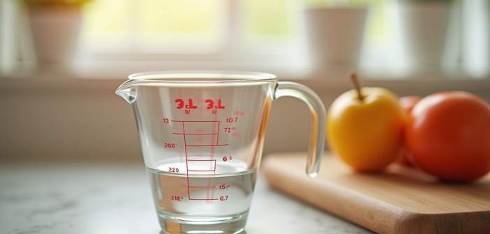Verre mesureur avec 20 ml en cuisine lumineuse