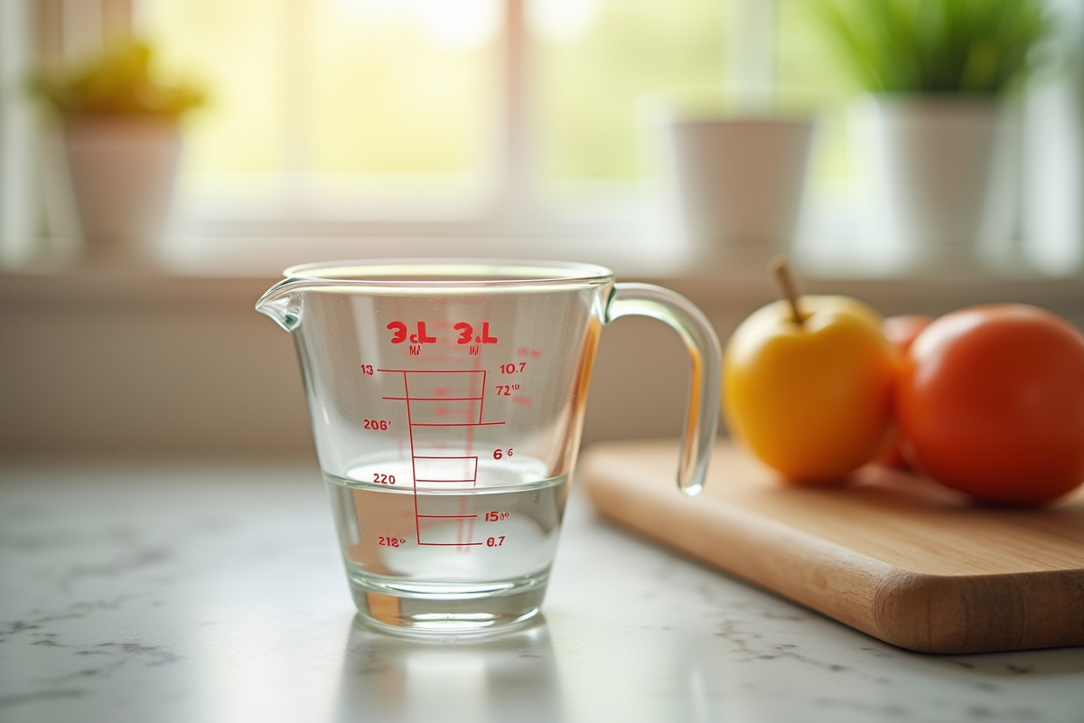 Verre mesureur avec 20 ml en cuisine lumineuse