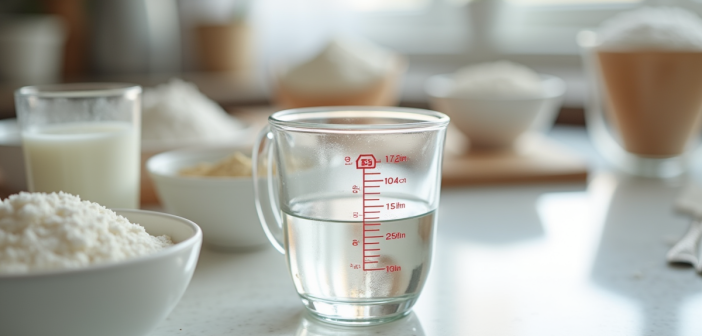 Verre mesureur rempli à 25 cl sur plan de cuisine lumineux