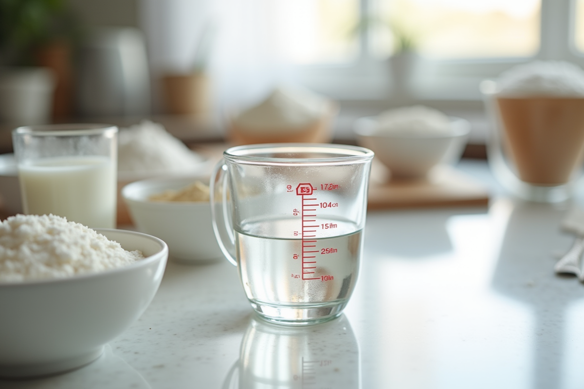 Verre mesureur rempli à 25 cl sur plan de cuisine lumineux