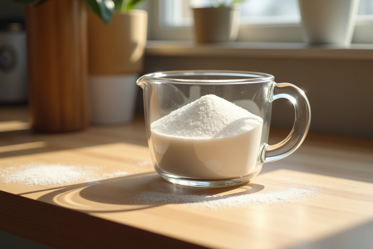 Verre mesureur à moitié rempli de sucre sur plan de travail