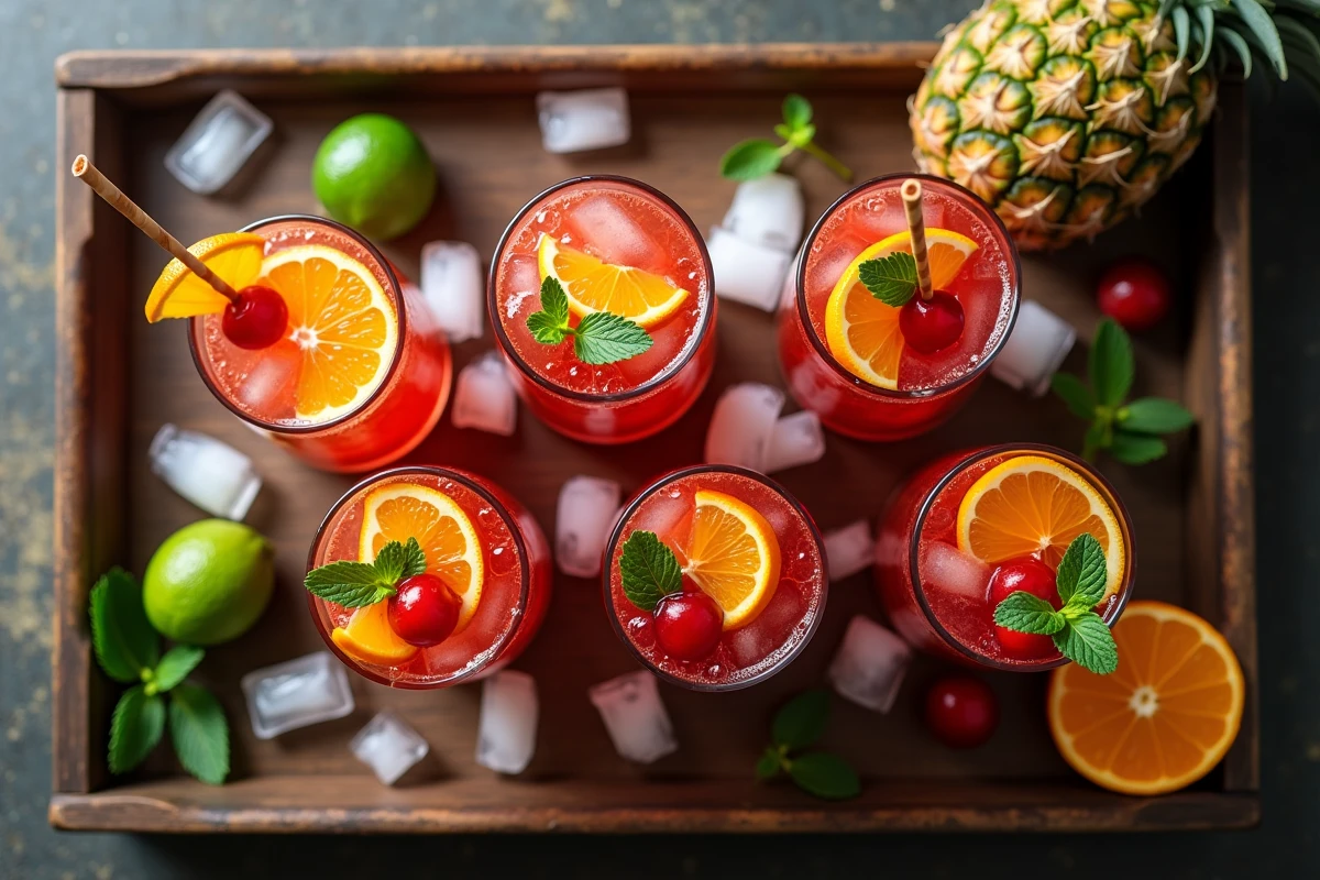 Vue de dessus de six verres de punch garnis de fruits frais, de cerises et de menthe, disposés sur un plateau en bois rustique avec des glaçons et des fruits tropicaux