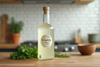 Bouteille de vinaigre d'alcool halal certifié posée sur un comptoir de cuisine française moderne avec herbes fraîches