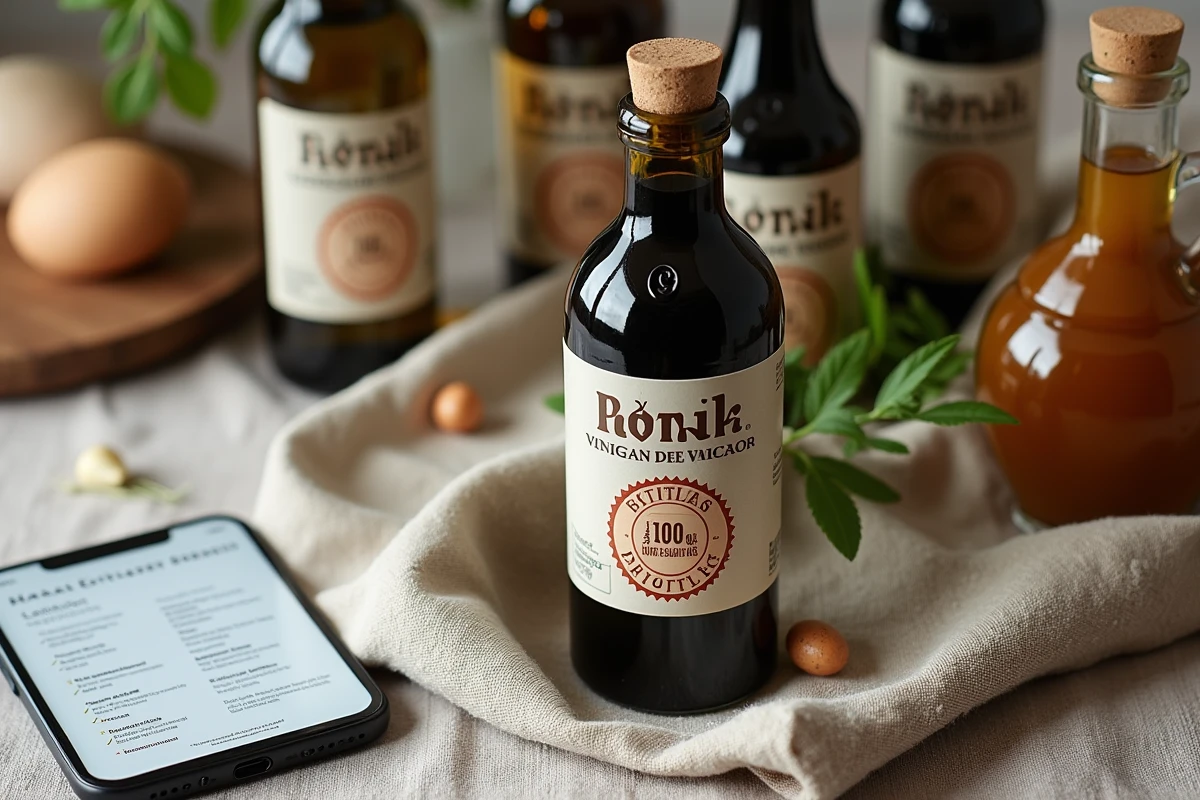 Vue du dessus de bouteilles de vinaigre d'alcool avec certification halal et guide pratique du consommateur musulman en France